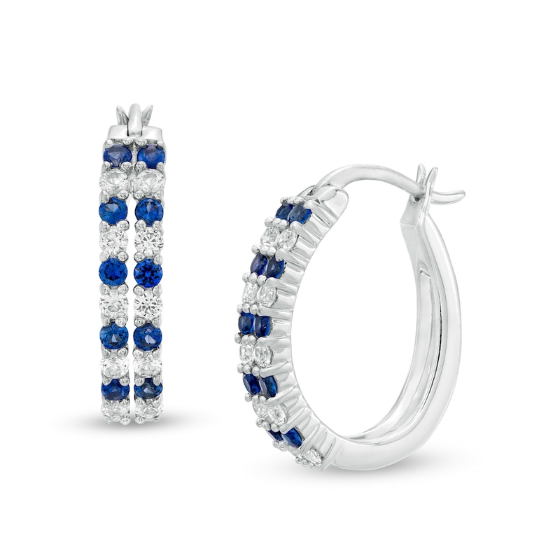 Lab-Created Blue and White Sapphire Alternating Split Double Row Hoop Earrings in Sterling Silver|Peoples Jewellers