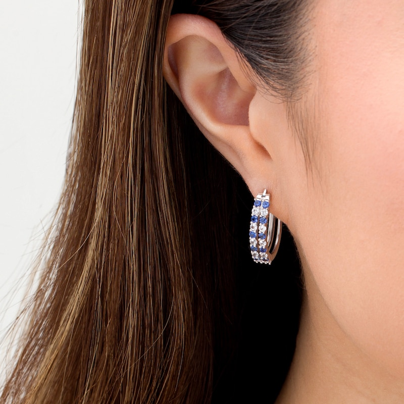 Lab-Created Blue and White Sapphire Alternating Split Double Row Hoop Earrings in Sterling Silver|Peoples Jewellers