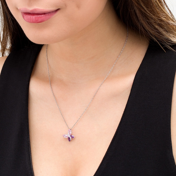 Marquise Amethyst, Lab-Created Pink Sapphire and Diamond Accent Tilted Butterfly Pendant in Sterling Silver