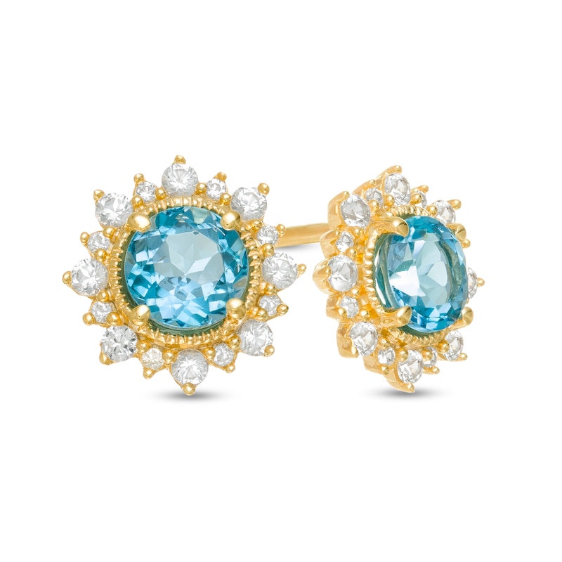 5.0mm Swiss Blue Topaz and Lab-Created White Sapphire Sunburst Frame Vintage-Style Stud Earrings in 10K Gold|Peoples Jewellers