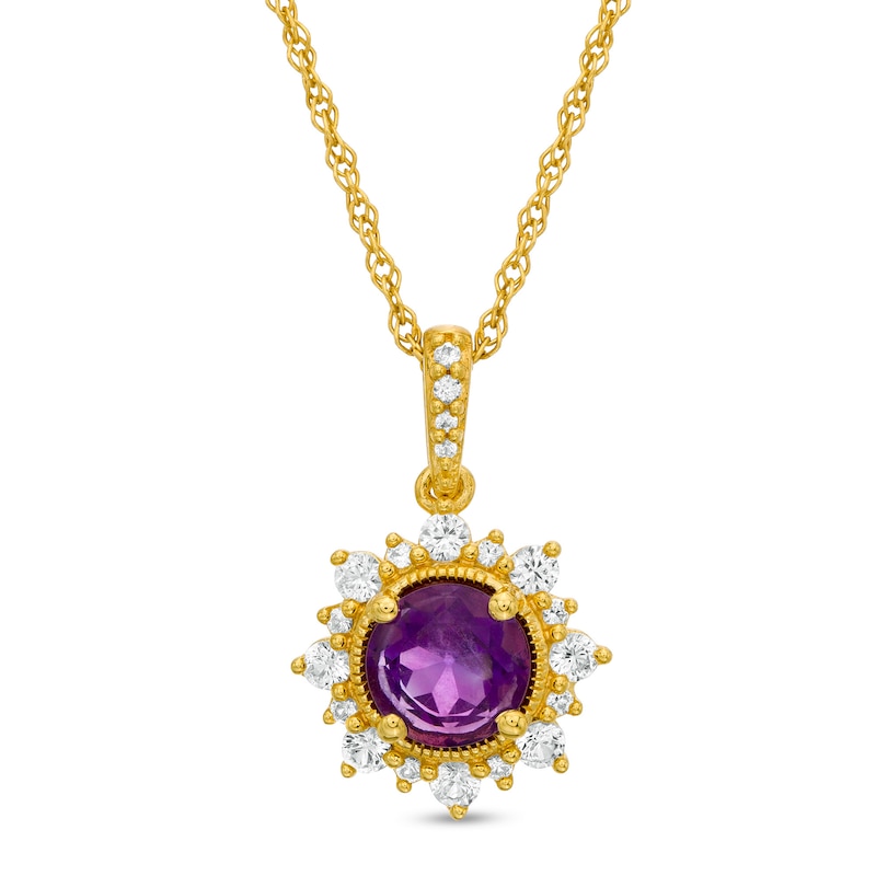 6.0mm Amethyst and Lab-Created White Sapphire Sunburst Frame Vintage-Style Drop Pendant in 10K Gold|Peoples Jewellers