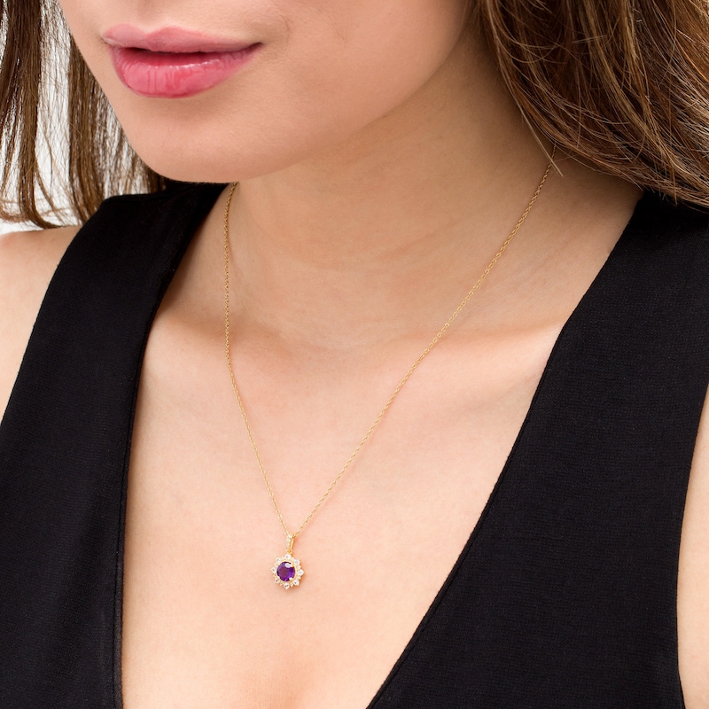 Main Image 2 of 6.0mm Amethyst and Lab-Created White Sapphire Sunburst Frame Vintage-Style Drop Pendant in 10K Gold