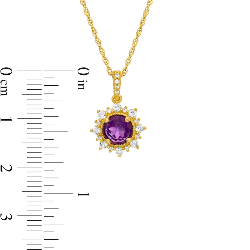 6.0mm Amethyst and Lab-Created White Sapphire Sunburst Frame Vintage-Style Drop Pendant in 10K Gold|Peoples Jewellers