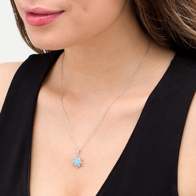 7.0mm Lab-Created Blue Opal and White Sapphire Sunburst Frame Drop Pendant in Sterling Silver