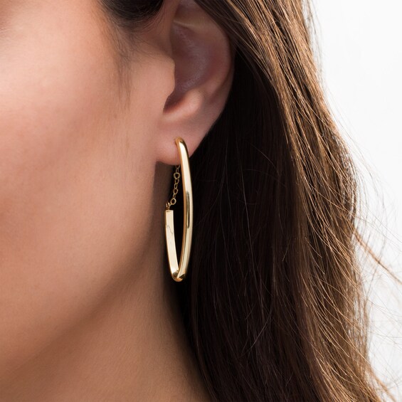 Oval Tube J-Hoop with Chain Earrings in 14K Gold