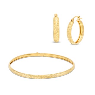 Diamond-Cut Flex Bangle and Hoop Earrings Set in 10K Gold - 7.5"