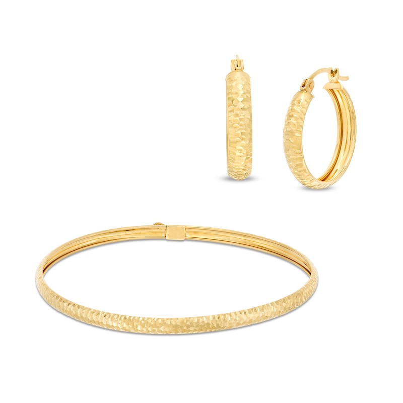 Diamond-Cut Flex Bangle and Hoop Earrings Set in 10K Gold - 7.5"