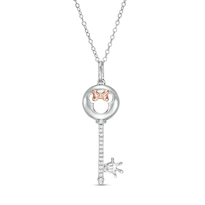 Mickey Mouse & Minnie Mouse 0.05 CT. T.W. Diamond Minnie Mouse Key Pendant in Sterling Silver and 10K Rose Gold - 19"