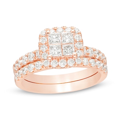 1.50 CT. T.W. Quad Princess-Cut Diamond Frame Bridal Set in 14K Rose Gold