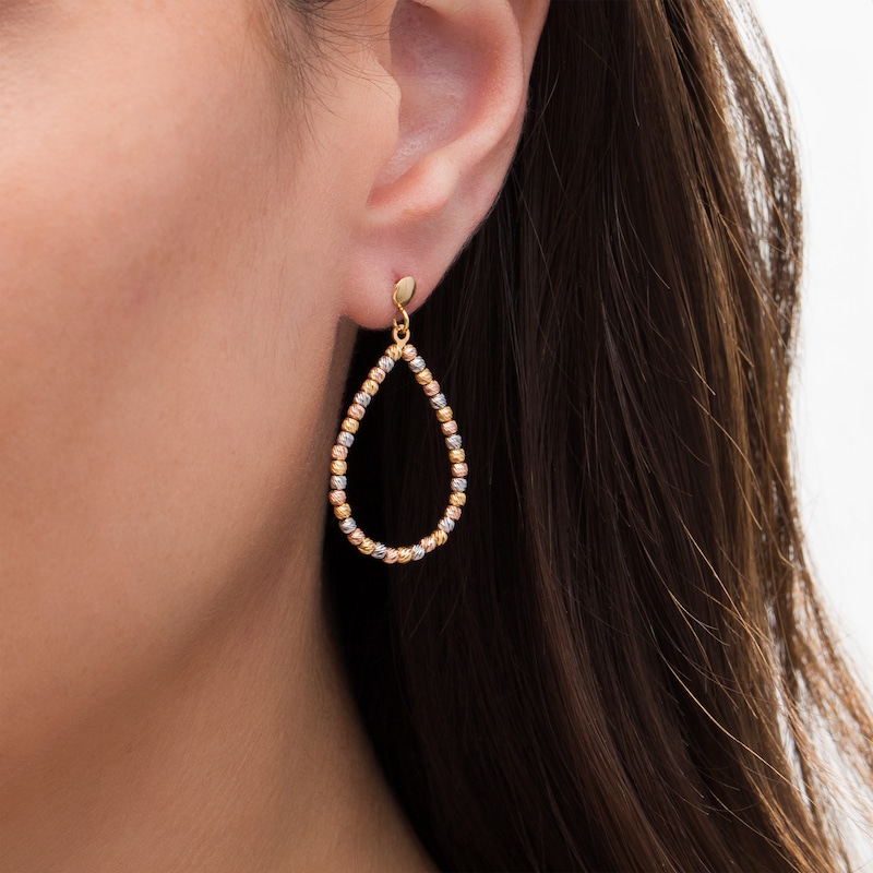 Diamond-Cut Beaded Open Teardrop Earrings in 14K Tri-Tone Gold|Peoples Jewellers