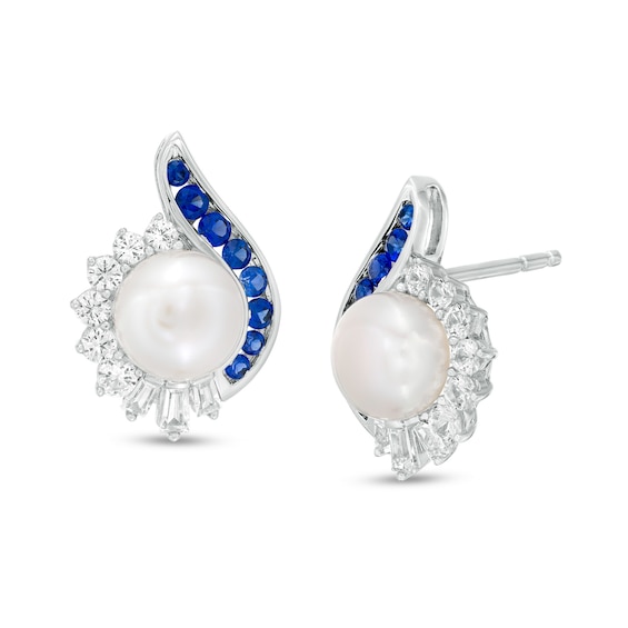 7.0mm Button Freshwater Cultured Pearl, Lab-Created Ceylon and White Sapphire Teardrop Stud Earrings in Sterling Silver