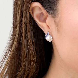 7.0mm Button Freshwater Cultured Pearl, Lab-Created Ceylon and White Sapphire Teardrop Stud Earrings in Sterling Silver