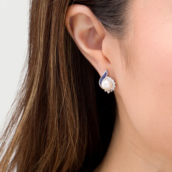 7.0mm Button Freshwater Cultured Pearl, Lab-Created Ceylon and White Sapphire Teardrop Stud Earrings in Sterling Silver