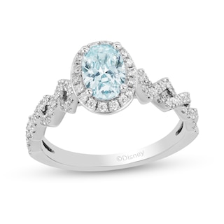 Enchanted Disney Elsa Oval Aquamarine and 0.23 CT. T.W. Diamond Frame Twist Shank Engagement Ring in 14K White Gold