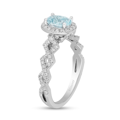 Enchanted Disney Elsa Oval Aquamarine and 0.23 CT. T.W. Diamond Frame Twist Shank Engagement Ring in 14K White Gold