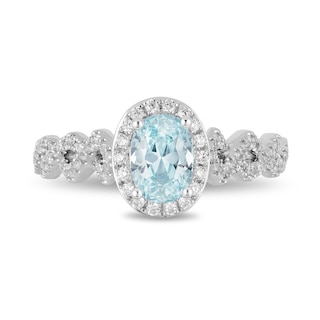 Enchanted Disney Elsa Oval Aquamarine and 0.23 CT. T.W. Diamond Frame Twist Shank Engagement Ring in 14K White Gold