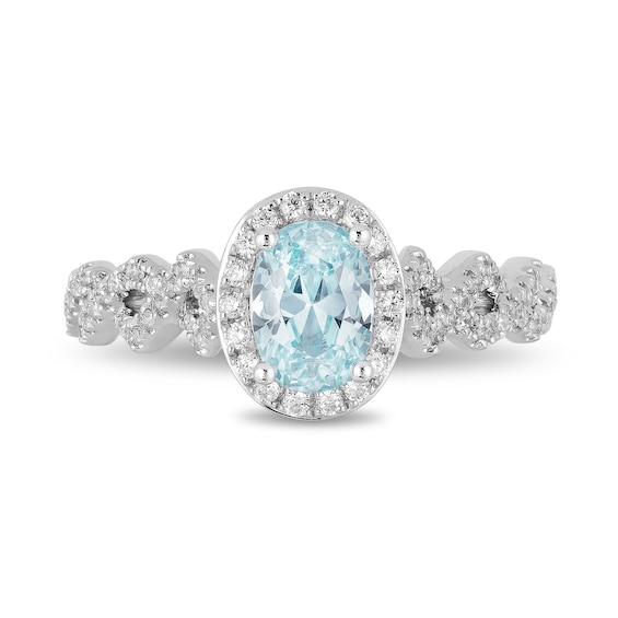 Enchanted Disney Elsa Oval Aquamarine and 0.23 CT. T.W. Diamond Frame Twist Shank Engagement Ring in 14K White Gold