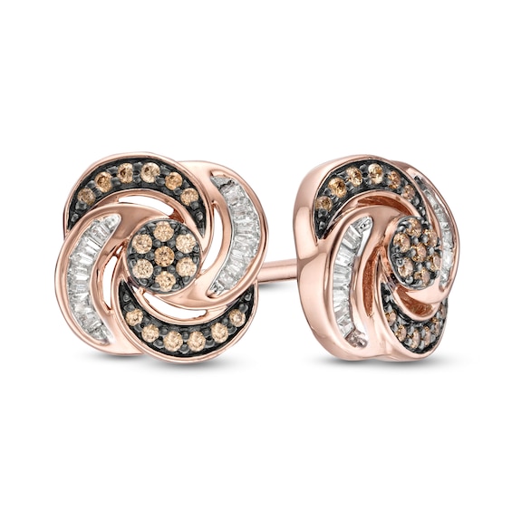 0.28 CT. T.W. Champagne and White Composite Diamond Swirl Stud Earrings in 10K Rose Gold