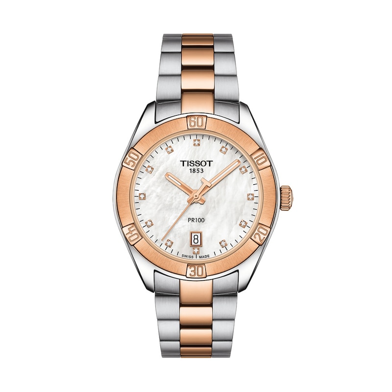 Ladies' Tissot PR 100 Sport Chic Diamond Accent Two-Tone PVD Watch with Mother-of-Pearl Dial (Model: T112.210.33.456.00)