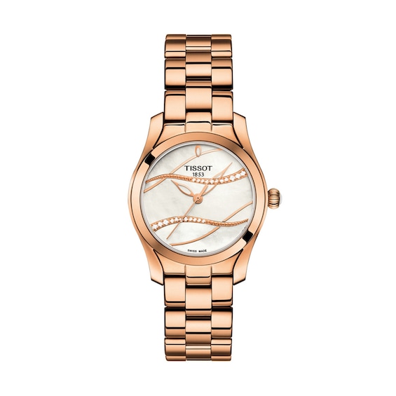 Ladies' Tissot T-Wave Diamond Accent Rose-Tone Watch with Mother-of-Pearl Dial (Model: T112.210.33.111.00)