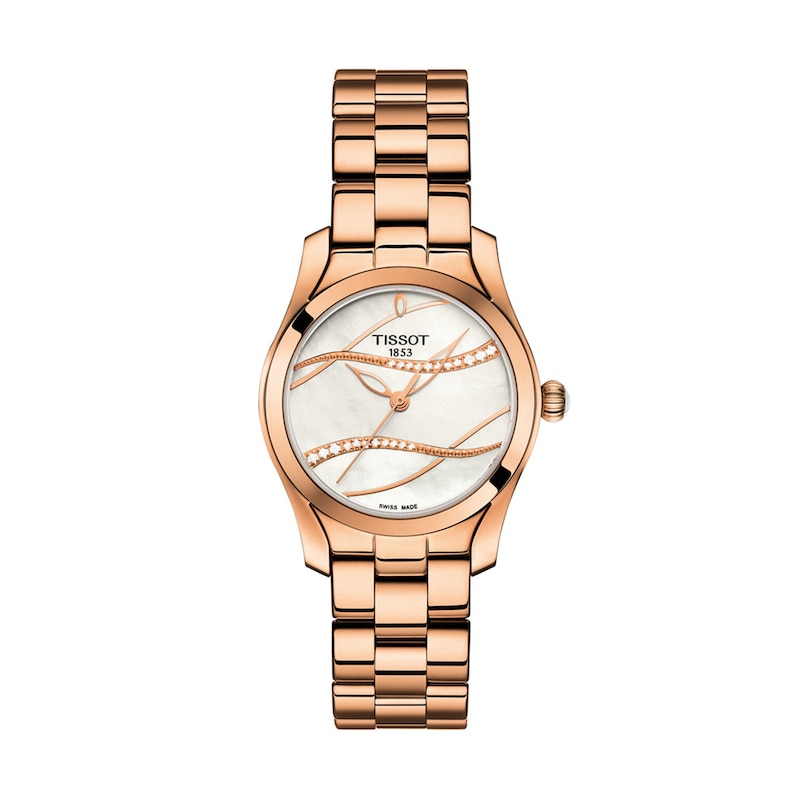 Ladies' Tissot T-Wave Diamond Accent Rose-Tone Watch with Mother-of-Pearl Dial (Model: T112.210.33.111.00)