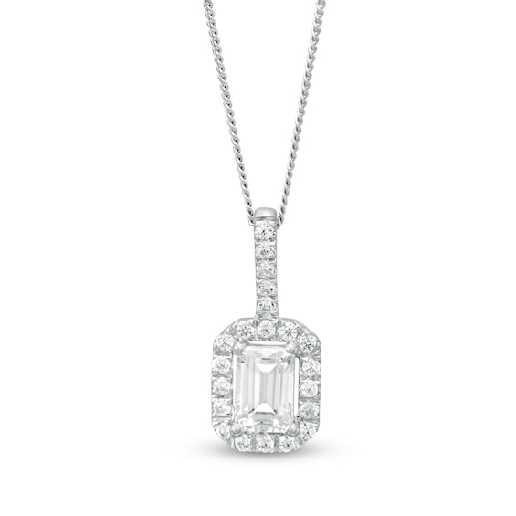 0.95 CT. T.W. Certified Emerald-Cut Diamond Octagonal Frame Drop Pendant in 14K White Gold (I/I1)