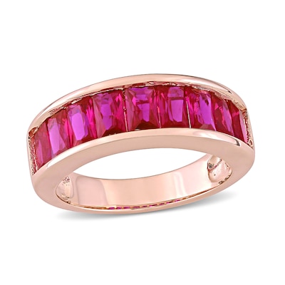 Baguette-Cut Lab-Created Ruby Band in Sterling Silver with Rose Rhodium