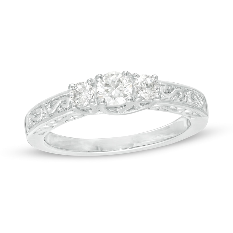 0.45 CT. T.W. Diamond Three Stone Filigree Engagement Ring in 10K White Gold|Peoples Jewellers