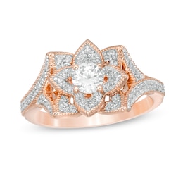 0.58 CT. T.W. Diamond Flower Frame Vintage-Style Engagement Ring in 10K Rose Gold