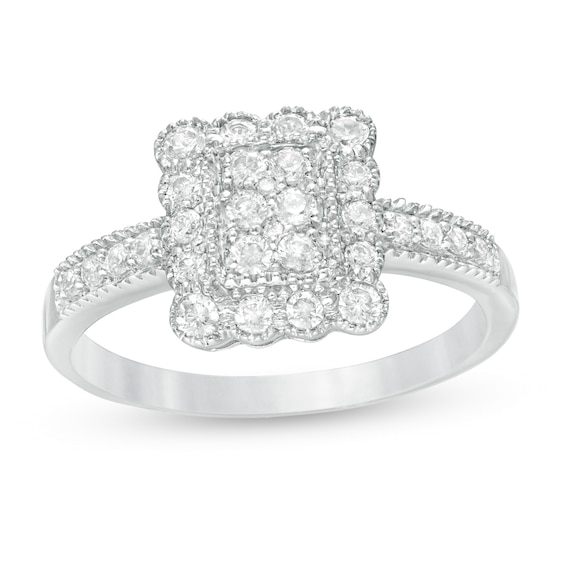 0.45 CT. T.W. Composite Diamond Scallop Rectangle Frame Vintage-Style Engagement Ring in 10K White Gold