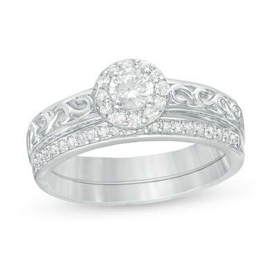 0.45 CT. T.W. Diamond Frame Filigree Bridal Set in 10K White Gold