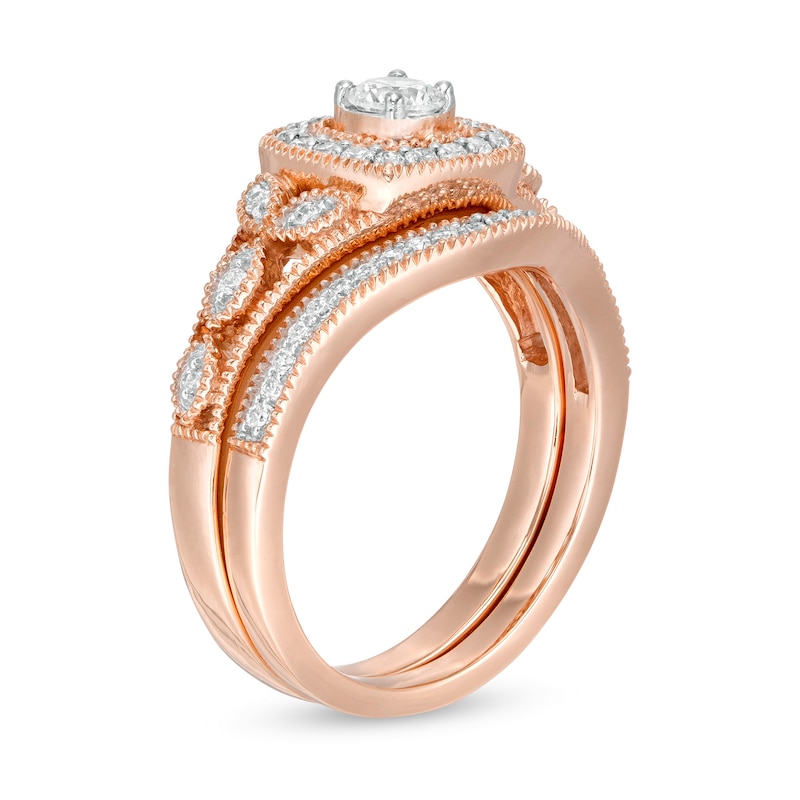 0.45 CT. T.W. Diamond Cushion Frame Vintage-Style Bridal Set in 10K Rose Gold