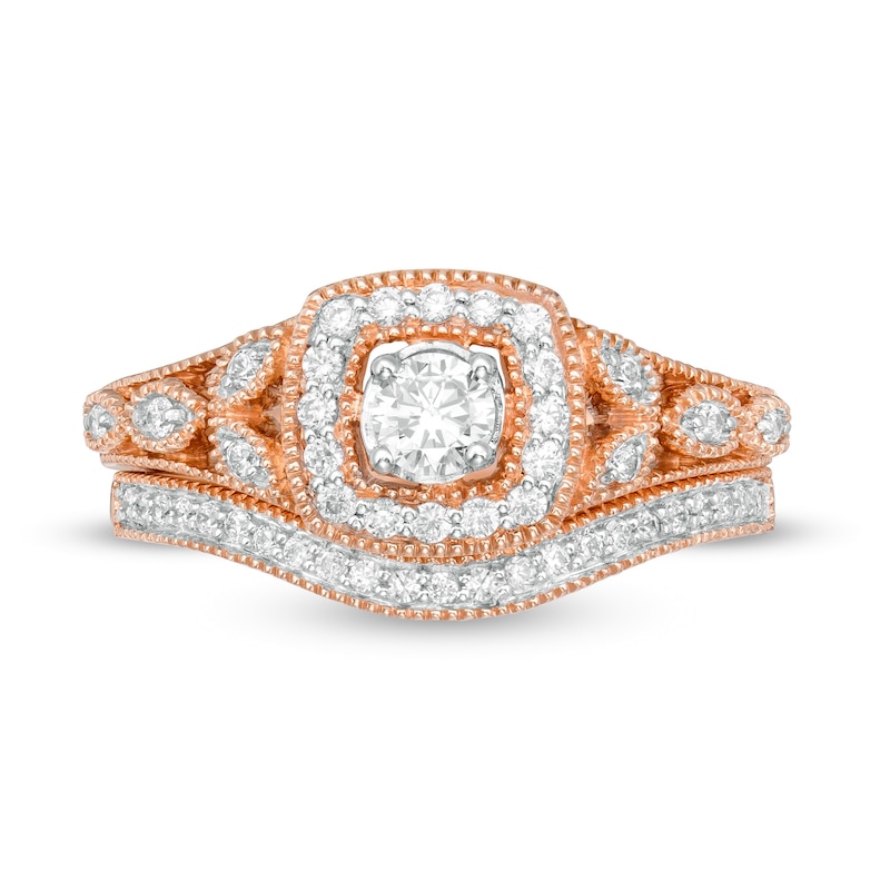 0.45 CT. T.W. Diamond Cushion Frame Vintage-Style Bridal Set in 10K Rose Gold