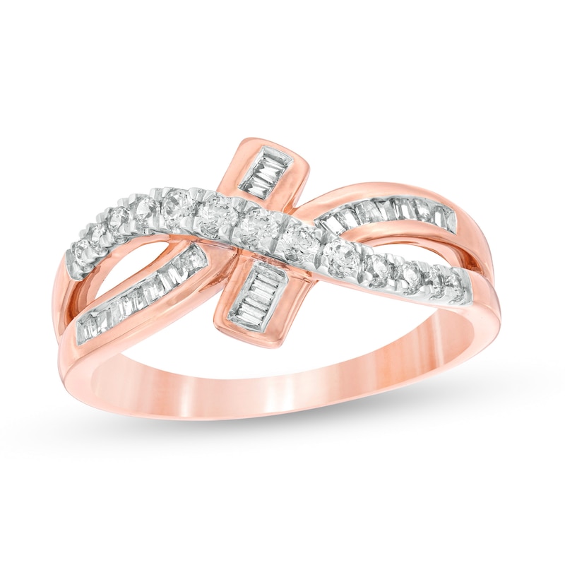 0.37 CT. T.W. Baguette and Round Diamond Bypass Crossover Ring in 10K Rose Gold|Peoples Jewellers