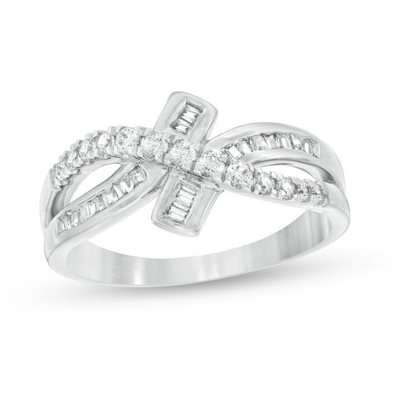 0.37 CT. T.W. Baguette and Round Diamond Bypass Crossover Ring in 10K Gold|Peoples Jewellers