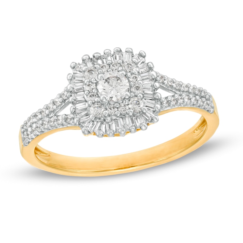 0.45 CT. T.W. Baguette and Round Cushion Frame Split Shank Ring in 10K Gold|Peoples Jewellers