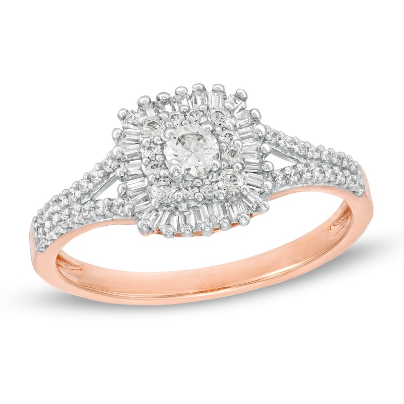 0.45 CT. T.W. Baguette and Round Cushion Frame Split Shank Ring in 10K Rose Gold|Peoples Jewellers