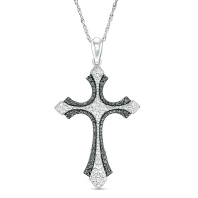 0.16 CT. T.W. Enhanced Black and White Diamond Gothic-Style Cross Pendant in Sterling Silver