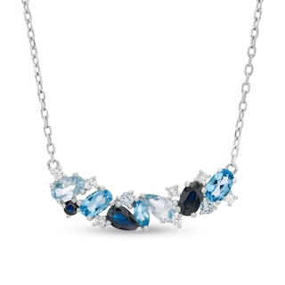 Multi-Gemstone and Lab-Created Blue Sapphire Cluster Necklace in Sterling Silver