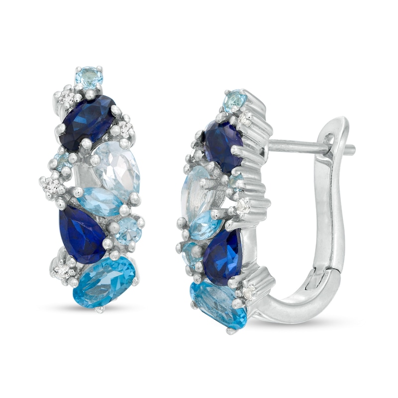 Multi-Gemstone and Lab-Created Blue Sapphire Cluster Hoop Earrings in Sterling Silver|Peoples Jewellers