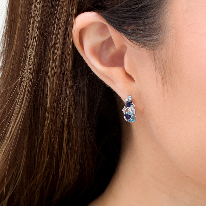 Multi-Gemstone and Lab-Created Blue Sapphire Cluster Hoop Earrings in Sterling Silver|Peoples Jewellers