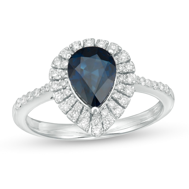EFFY™ Collection Pear-Shaped Blue Sapphire and 0.28 CT. T.W. Diamond Frame Ring in 14K White Gold|Peoples Jewellers