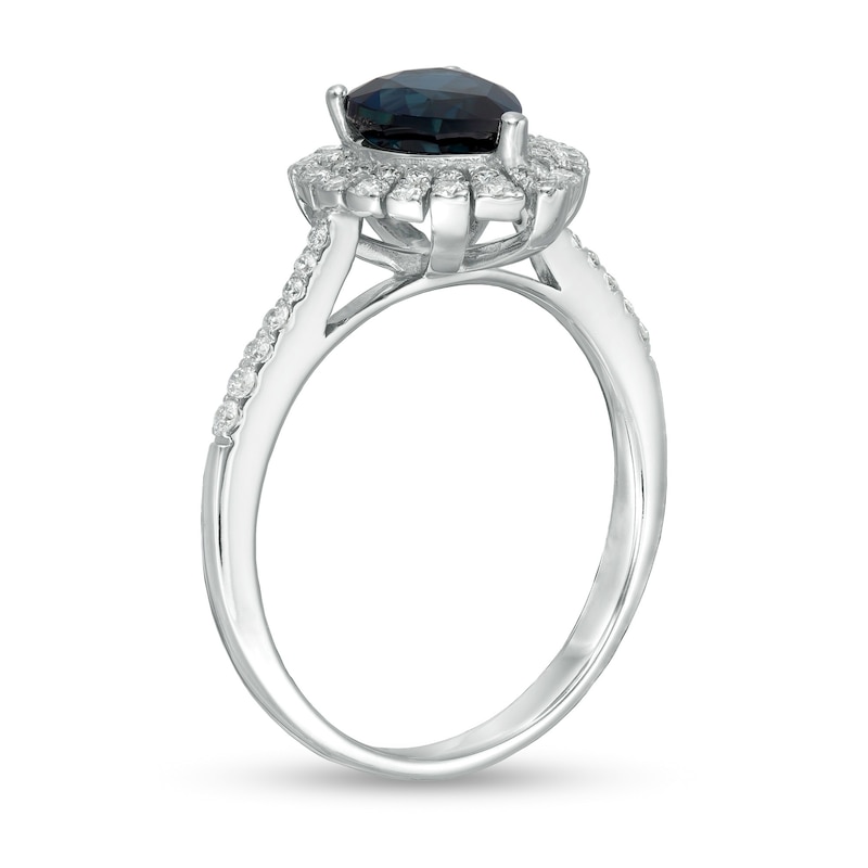 Main Image 2 of EFFY™ Collection Pear-Shaped Blue Sapphire and 0.28 CT. T.W. Diamond Frame Ring in 14K White Gold