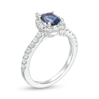 Vera Wang Love Collection Certified Oval Blue Sapphire and 0.58 CT. T.W. Diamond Frame Engagement Ring in 14K White Gold