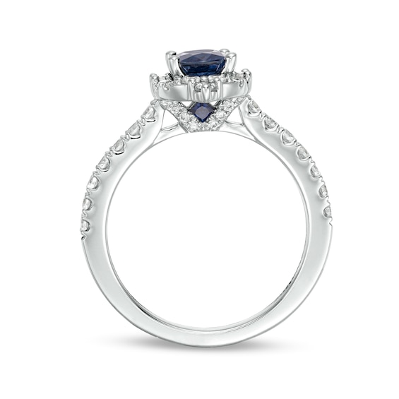 Vera Wang Love Collection Certified Oval Blue Sapphire and 0.58 CT. T.W. Diamond Frame Engagement Ring in 14K White Gold