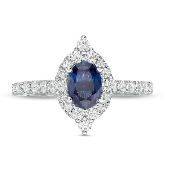 Vera Wang Love Collection Certified Oval Blue Sapphire and 0.58 CT. T.W. Diamond Frame Engagement Ring in 14K White Gold