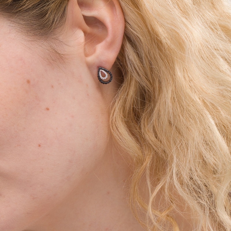 0.32 CT. T.W. Enhanced Black and White Diamond Teardrop Outline Stud Earrings in Sterling Silver|Peoples Jewellers
