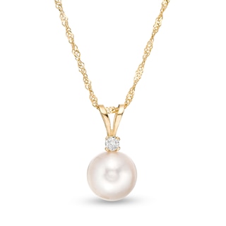 IMPERIAL® 7.5-8.0mm Akoya Cultured Pearl and Diamond Accent Pendant in 14K Gold