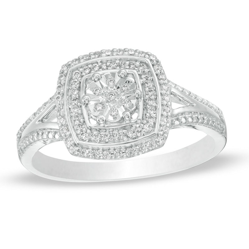 0.18 CT. T.W. Composite Diamond Double Cushion Frame Split Shank Promise Ring in Sterling Silver