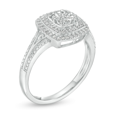 0.18 CT. T.W. Composite Diamond Double Cushion Frame Split Shank Promise Ring in Sterling Silver